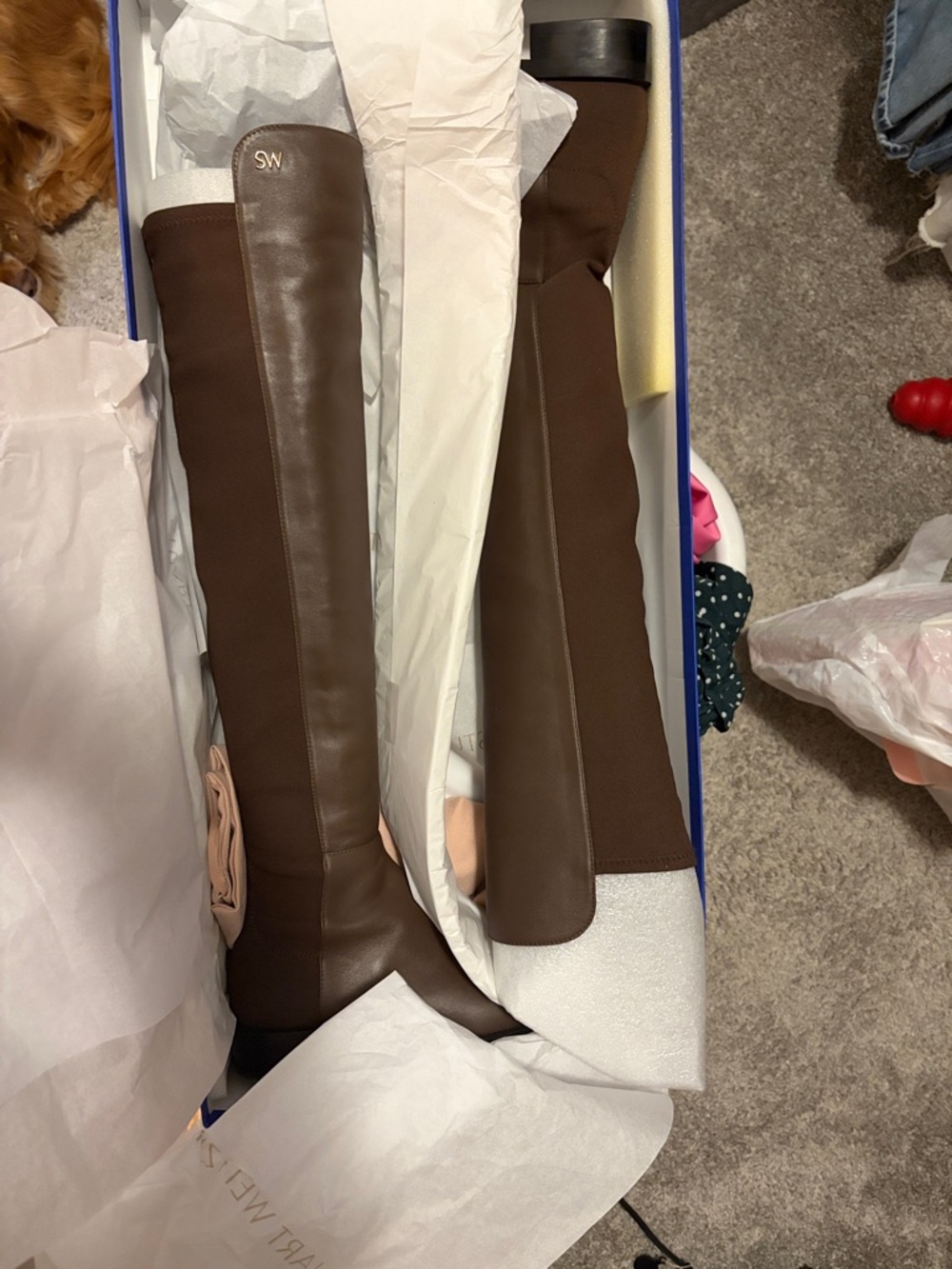 NIB Stuart Weitzman Brown Knee-High Boots with Logo Accent